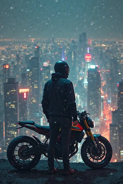 A man wearing a closed helmet far away admiring the city at night with a crazy striped motorcycle 