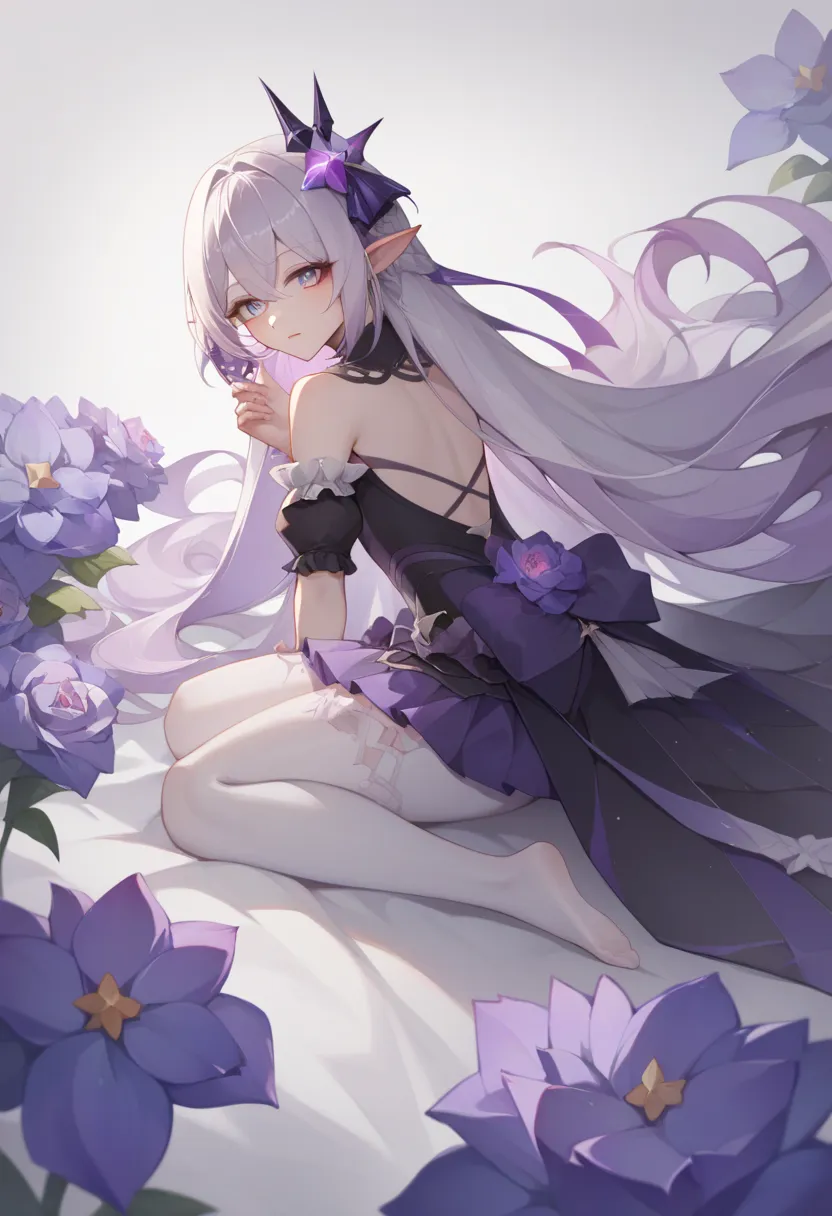 Castorice_HonkaiStarRail. palid skinned adult woman slanted purple (margin-collor) eyes lips serius, elf ears, bright white shoulder-lenght straight white hair and back long hair violet locks, She uses a black crown with purple little gens decals, purple a...