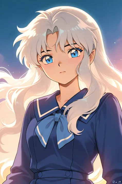 A girl that is an student. She has long wavy Blond hair with shiny light blue eyes with blue dress uniform. She is sad. Kind. Inuyasha art style. 