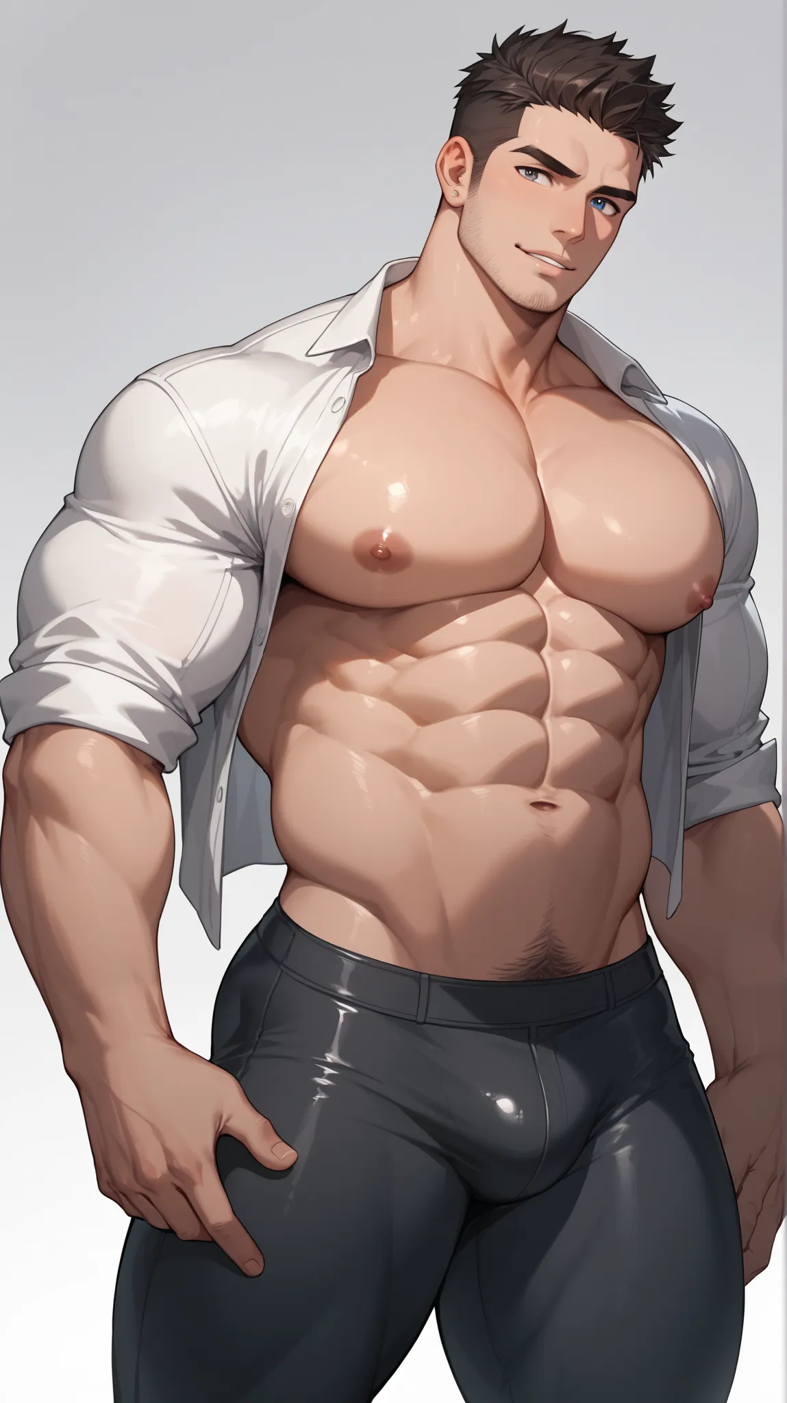 Full Body, Wearing Open Shirt With Exposed Front Torso fully including Big Chubby Side Pecs, Nipples, Abs And Midriff, With Open Shirt Clinging to the Sides, Bara Muscular Smooth Big Heavy Body, Tight Black Cropped Pants, Tight Pants Cropped Showing Smooth...