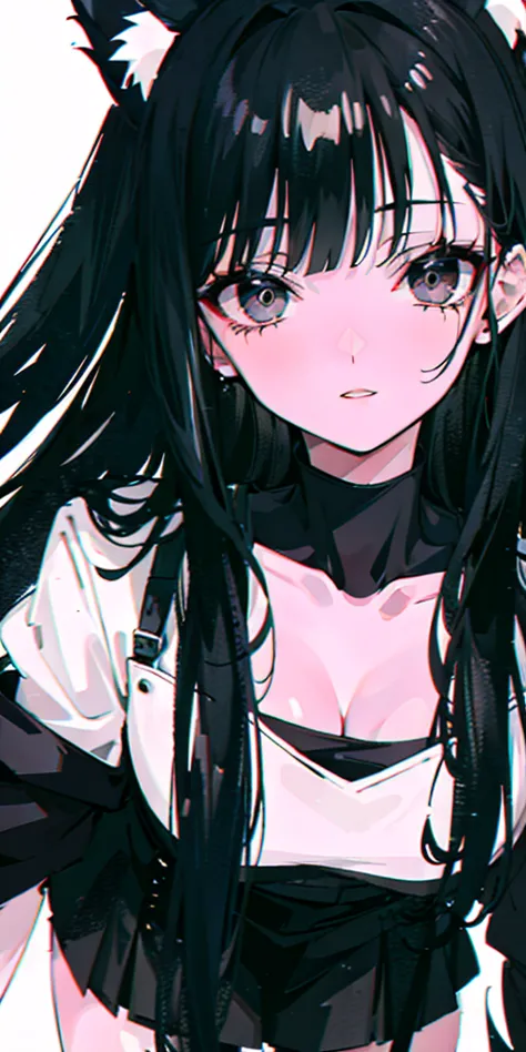 1girl，utmost+Beautiful+meticuloso_the face，utmost+Beautiful+meticuloso_The eye，The upper part of the body，closeup cleavage，cyberpunk backgrouns，sketching，solidcolor，A woman in a white shirt and blck skirt，Minimalist style，Wear elegant casual clothing，boots...