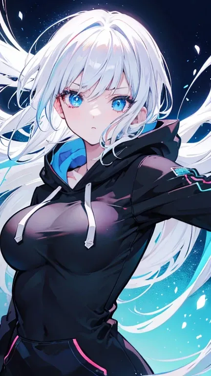 High resolution、Anime girl with white hair and blue eyes looking at the camera、Glowing blue eyes、Wearing a black hoodie、Colorful background、fighting stance, upper body, half body, big breasts,