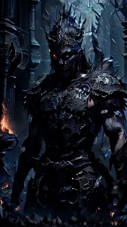 Dark character king of the night with dark armor and center in fire