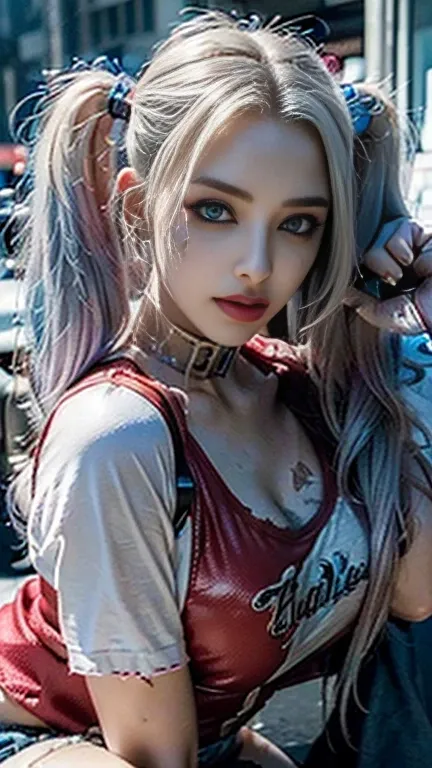 ( good points quality 、Ultra Detaille 、 bloom dette 、 film particles m_SHOT of HARLEY QUINN AND GINGER GIRL（sweating：1.4）、Digital、Harley Quinn transforms into a pleasure toy for adults in The Curse of Carnival、 torn clothes、chest、 Bust、on the knee、Big Brea...