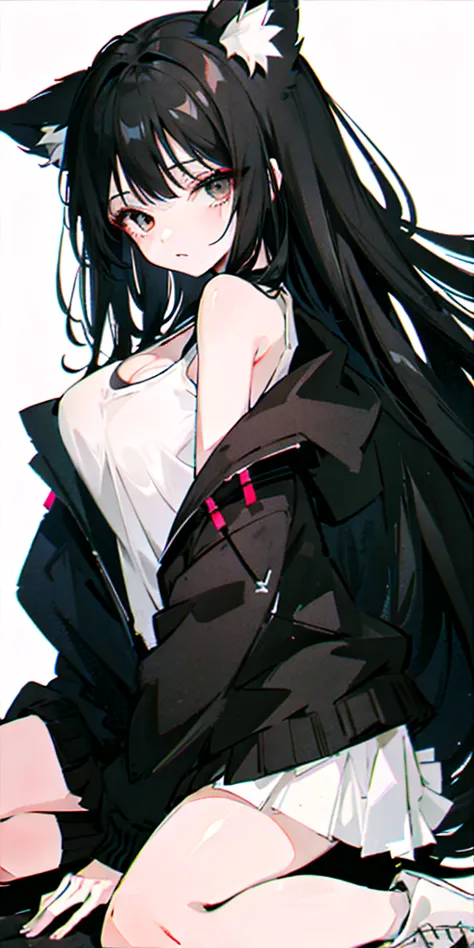 1girl，utmost+Beautiful+meticuloso_the face，utmost+Beautiful+meticuloso_The eye，The upper part of the body，closeup cleavage，cyberpunk backgrouns，sketching，solidcolor，A woman in a white shirt and blck skirt，Minimalist style，Wear elegant casual clothing，boots...