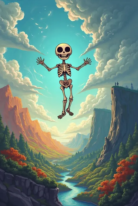 Make a image of a cartoon skeleton floating up to the sky with the world beneath that is split in half with one side being nice and the other side be more darker and moody 