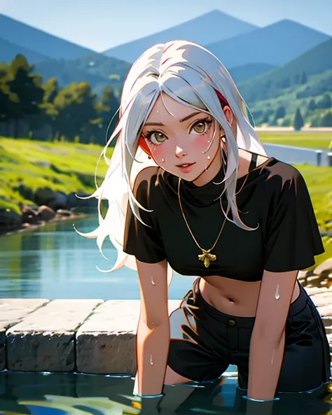 medieval fantasy style、 Manga Style 、Ultra high definition anime style illustrations、 anime girl with long white hair（nationality：1.2）、（age：1.1）、（Detailed description of clothing ：1.2）、（ Accessories：1.1）、（ facial features ：1.3）、（ Emoji：1.2）、（Body Type：1.1）...