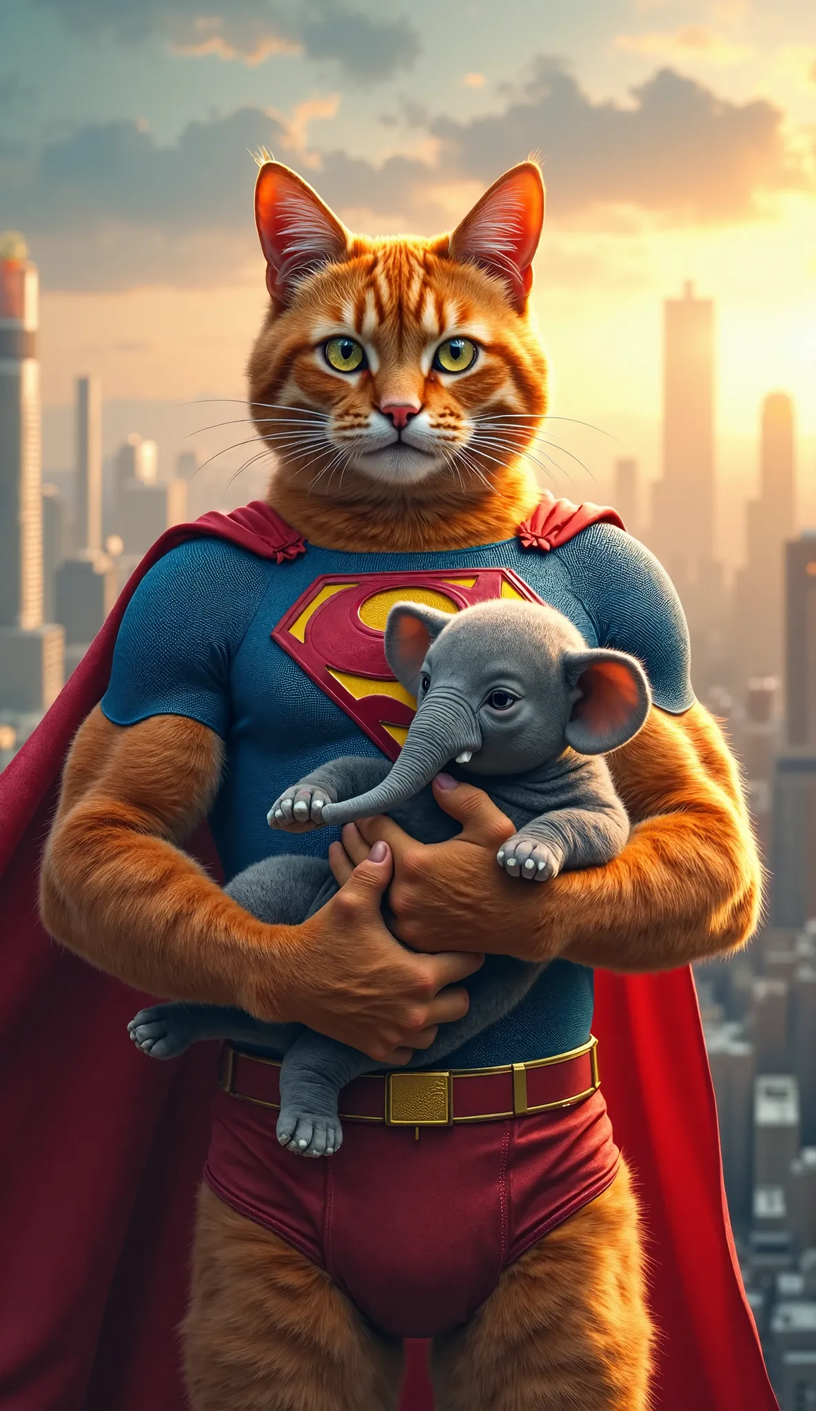 father oange cat(superman outfit) carrying an elephant cub