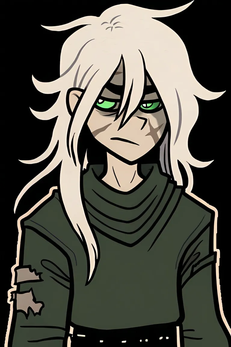 Solo, white hair, 1male, steel armor, long Hair, green tunic, score_9, torn scarf, closed mouth, bored, torn up clothes, scars, bust, green eyes,
