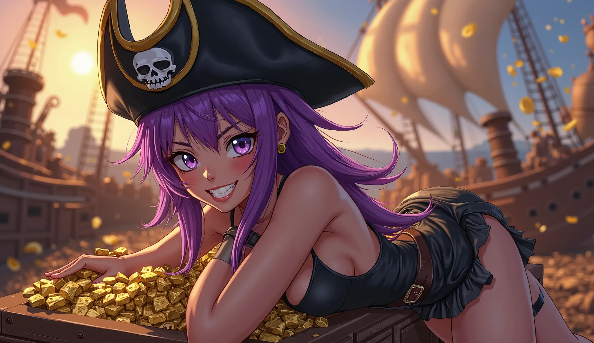 Anime-style semi realista, sexy, young woman with purple hair, black pirate hat with gold trim, and a black outfit with an ornamental skull. She has a wide smile, large bright eyes, and an athletic build. She is lying on a chest of gold on a pirate ship du...