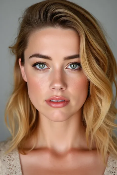 ((the best quality)), ((masterpiece)), ( Detailed), rostro perfecto, Very attractive and beautiful 19 year old AMBER HEARD girl, blonde,  family, with medium long hair and light blue eyes looking directly at the camera., hot, sexy, pasport photo, most beau...