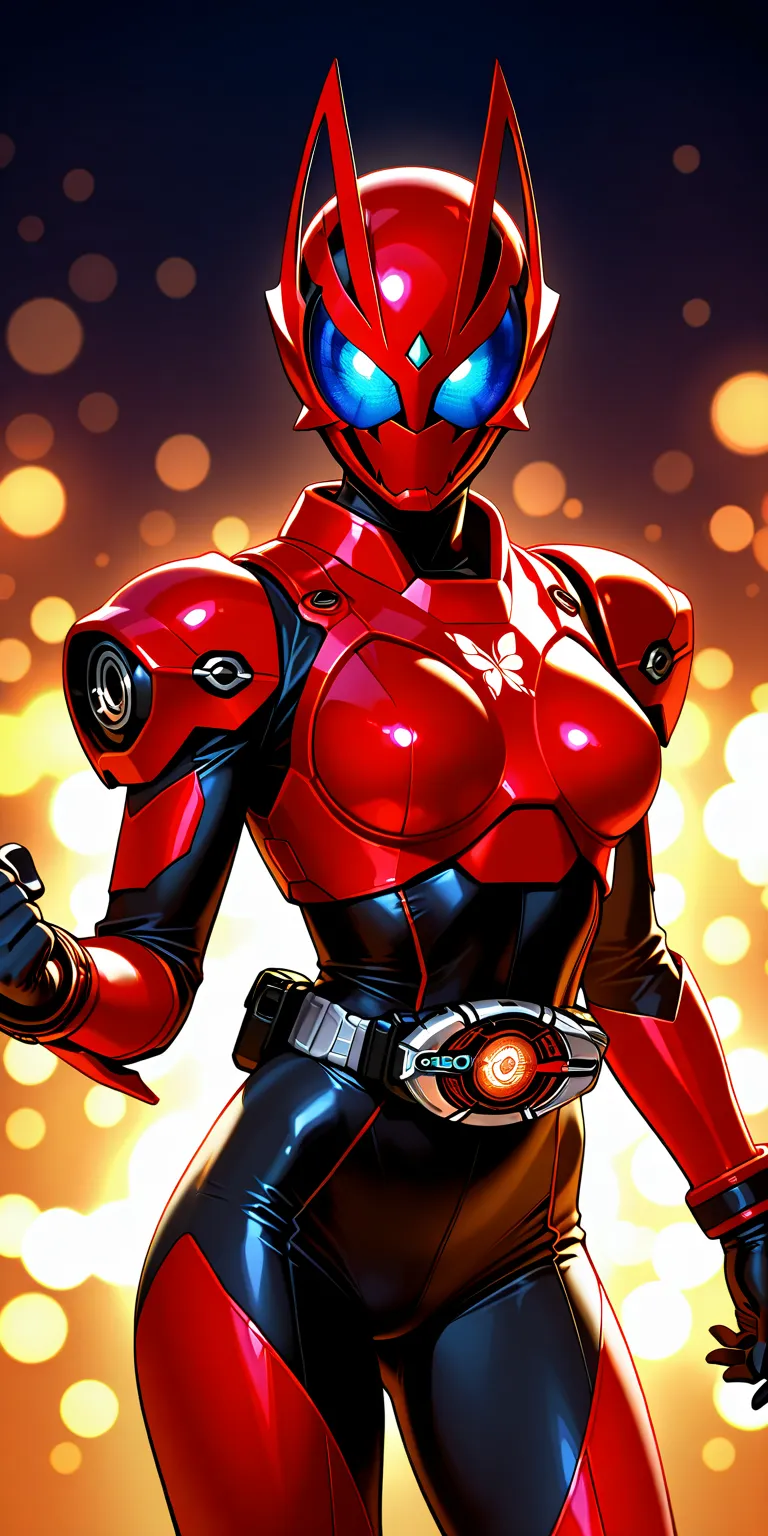 a beautiful female "Kamen rider"; Butterfly motif, sexy proportions slim body, powerful protector of justice, wearing a black and red full-face heroic helmet, with blue eyes, red and black heroic sexy suit, transformation belt, ((All the very short hair is...