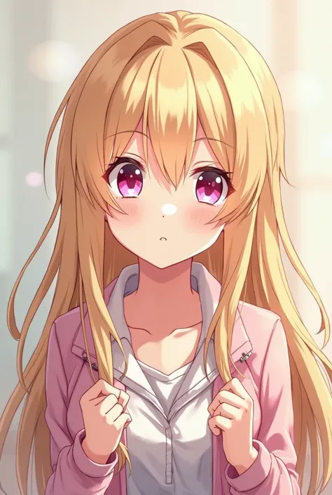 anime girl with long blonde hair and pink eyes looking at camera, anime visual of a cute girl, cute anime face, cute natural anime face, she has a cute expressive face, extremely cute anime girl face, perfect anime face, pretty anime face, she has a cute f...