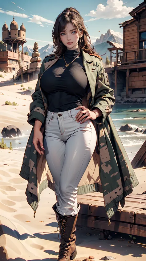  muscular woman stretching her toes,  defined body , Big Breasts、sexy proportions、Gold rings on every finger, light blue gangster jacket,  black shirt under jacket , Green long army pants, Brown military boots, desert landscape and huge mountains 々,  LANDS...