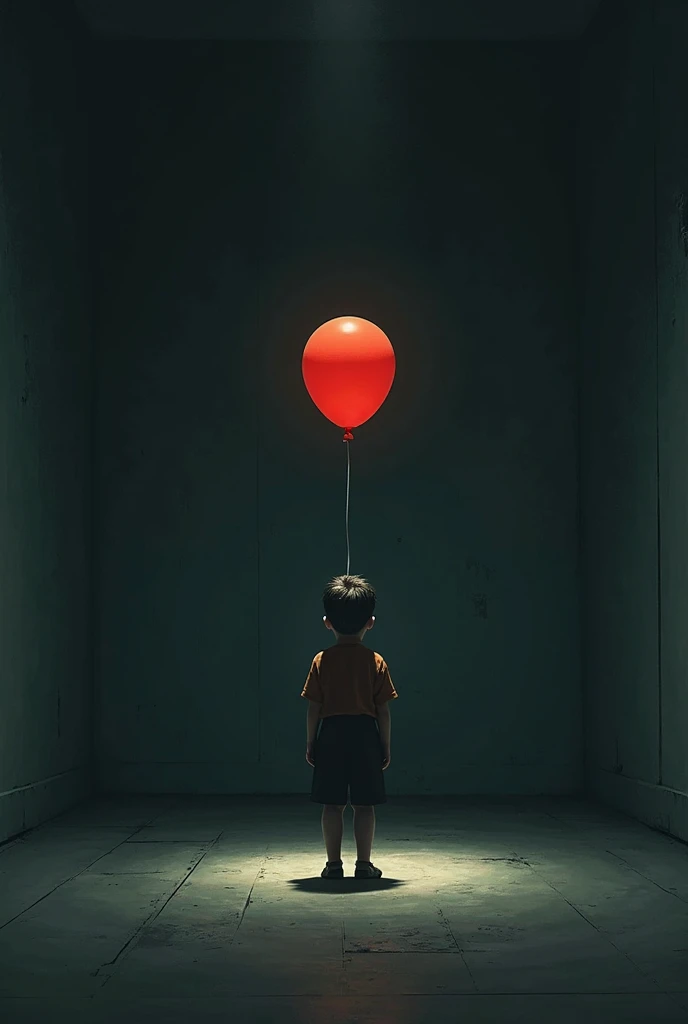 Do a boy with his back holding a balloon in a dark, empty room with nothing on the walls or the floor 