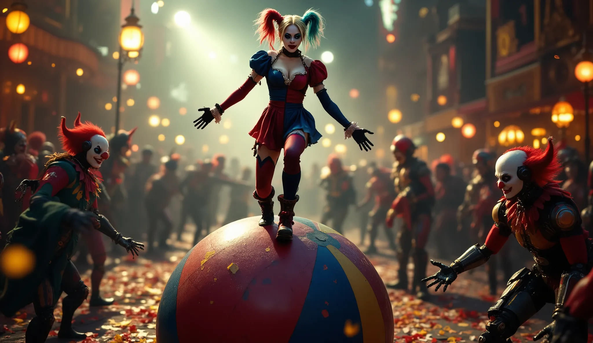 , Harley Quinn at the Carnival of Chaos: In a surreal carnival, Harley Quinn (Scarlet Johansson) leads a parade of robot clowns, balancing on a giant circus ball that explodes in confetti with every movement..