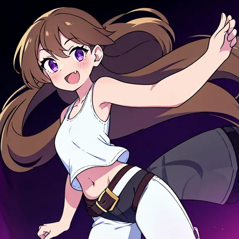 masterpiece, best quality, very aesthetic, absurdres, safe, 1girl, solo, long hair, pants, navel, belt, white background, brown hair, black pants, simple background, smile, open mouth, brown belt, very long hair, fang, looking at viewer, tank top, blush, b...