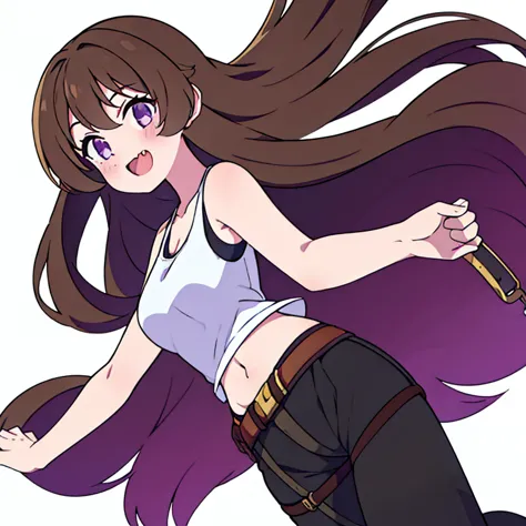 masterpiece, best quality, very aesthetic, absurdres, safe, 1girl, solo, long hair, pants, navel, belt, white background, brown hair, black pants, simple background, smile, open mouth, brown belt, very long hair, fang, looking at viewer, tank top, blush, b...