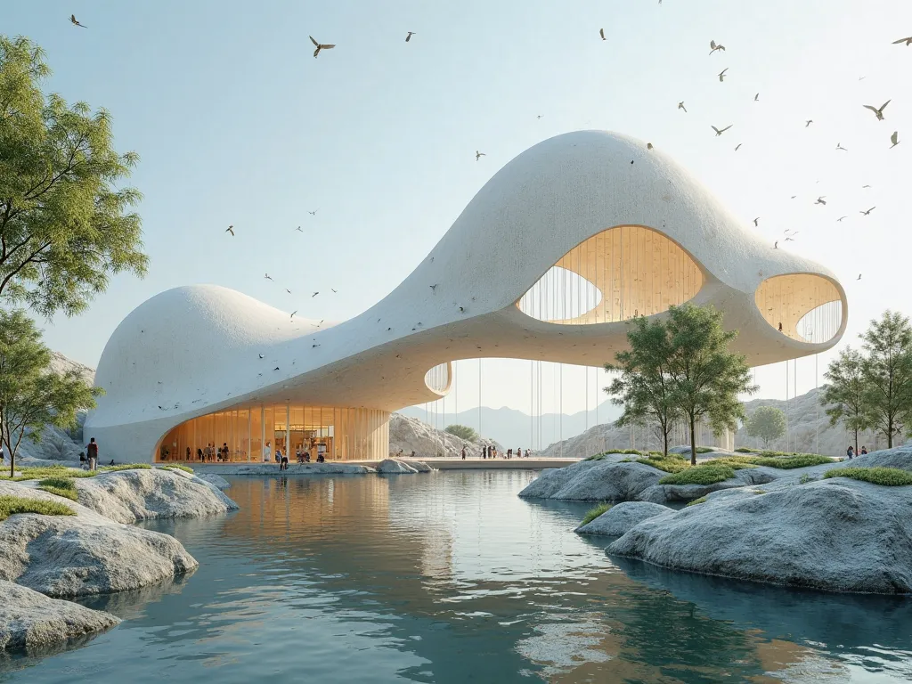 Refer to “Luhu Forest Museum，Chengdu / Big Building，Exploring the “Iceberg” of Daqian World，This project，Extract the core of its design，Generate event space concept map，deflected geometry，Minimalist style，Location is located in Yangjiang，Close to the lake，...