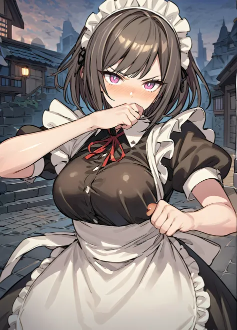 1 girl,  Sixteen Night Sakaki Night ,  Orient, Alone, Maid head dress, Maid, apron, short sleeves to expose the penis,  dress, closed her mouth, white apron, watch viewers, Maid apron, puffy short sleeves to expose the penis, frills, puff sleeve, black  dr...