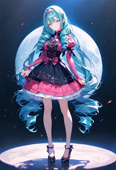 1 girle, Age 15, long hair, drill hair, Mint Cream Hair, Light Blue Eyes, Beautifully drawn lashes are long, full body, pink gothic clothing, High Heels, Full moon background, Anime, Masterpiece, UHD, retina, masterpiece, accurate, anatomically correct, te...