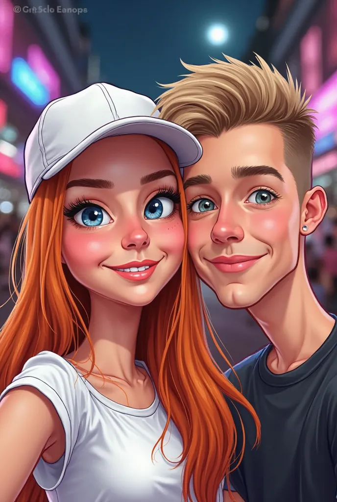 Caricature of two people posing in a selfie, with fun and colorful style.

 detailed description :

1. Poses and Arrangement:

The girl appears in the foreground,  facing the camera .

The boy is slightly behind her, also looking at the camera.



2. Trait...