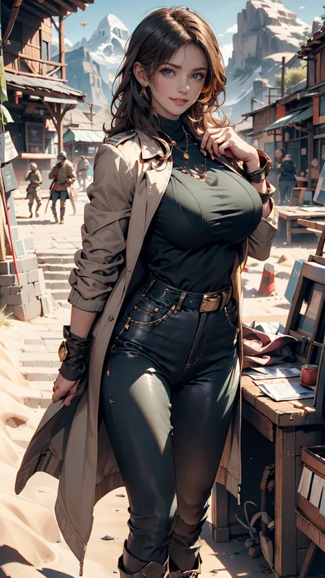  Sensual Women ,  defined body ,Torpedo boobs、sexy proportions、Gold rings on every finger, light blue gangster jacket,  black shirt under jacket , Green long army pants, Brown military boots, desert landscape and huge mountains 々,  LANDSCAPE WITH MONSTERS ...