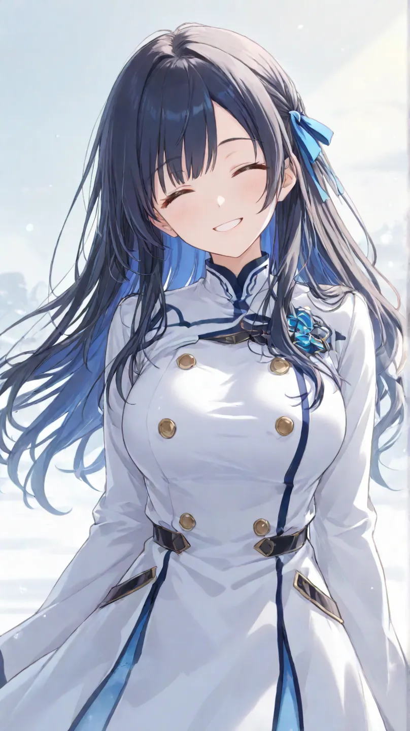 big breasted,    long hair,     black hair , bangs,    ,  smile,  ,  smiles,   , （One Girl 1.5）,   blue hair ribbon 、（ 1.5）Alone, 