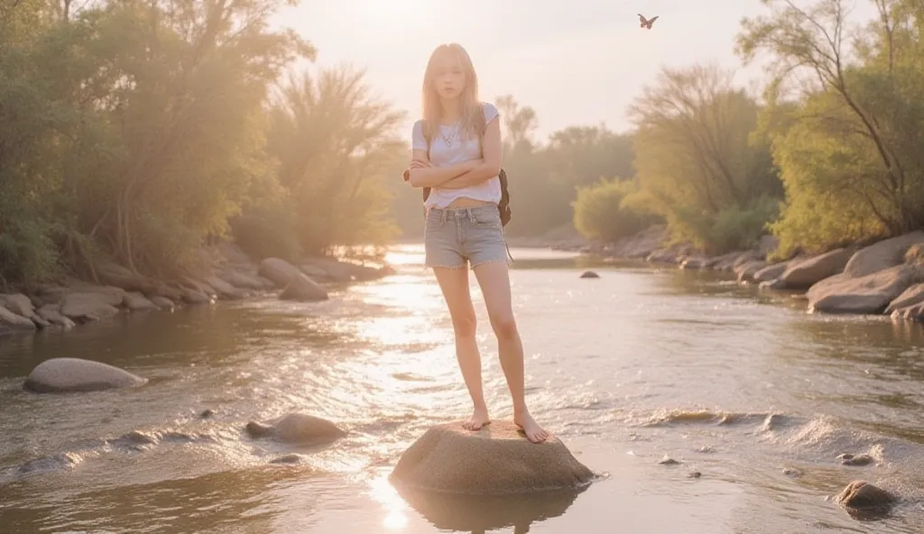 Sepia analog film photograph, a Korean woman, looking annoyed to viewer, beautiful, gorgeous, torn an dirty t-shirt, sleeveless, worn jeans shorts, holes, backpack, barefoot, posing menacing, annoyed face, standing over a rock in the bottom of a river bed,...