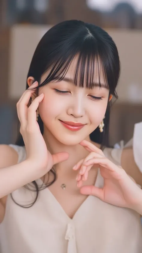 She is wearing a camisole, I make a heart shape with both hands , And then pose in front of her chest, Close up of a smiling face with closed eyes