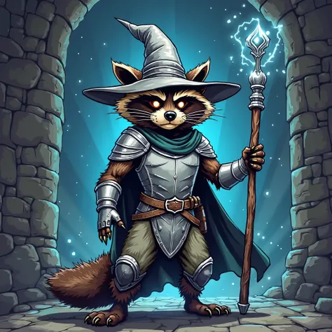 comic style, vector color, 1 male raccoon, angry, camera from side, heroic pose, wearing a silver witch hat, wearing a silver leather armor, wearing a silver leather pant, holding a blank staff, glowing aura, stone castle background, night, soft light