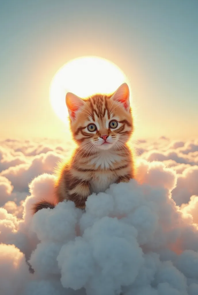 Clouds in the shape of the world's cutest brown tiger pattern kitten floating in a clear sky、((realistic:1.3))、Beautiful Sun 