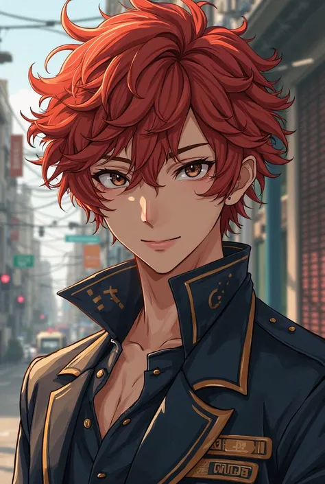 Create a Japanese anime boy with curly hair and red locks, brown eyes, with Toman uniform, What did you look like when you were 17 