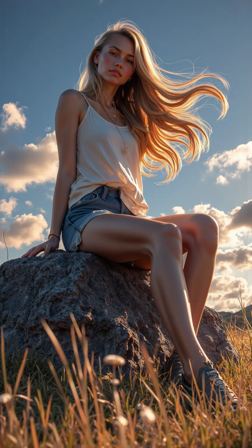 in a bright rural sunset setting，bold graphic composition，intense blue-orange palette。A young woman sitting on a huge rock，high-resolution semi-realistic illustration。Her golden long hair is variously shaped into several parts，Fall on shoulder。