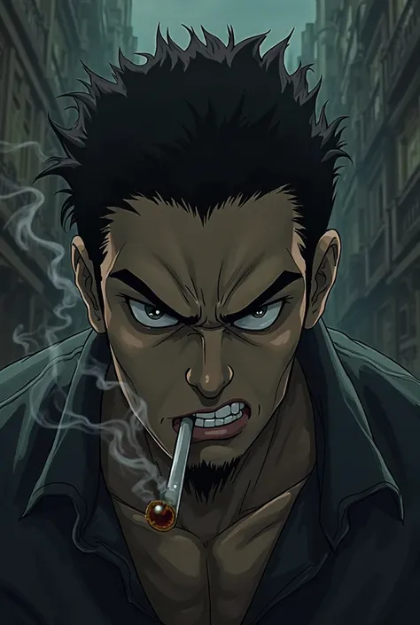 angry man mouth Cigarette anime with dark background 