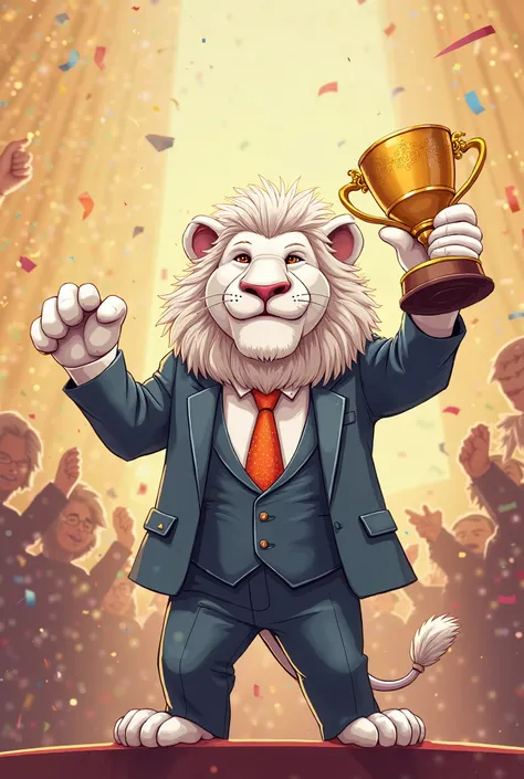 Please create illustration-style emojis。
The theme is a white lion with a trophy in one hand。
White lions wear suits、Please wear a tie。
Please do it in a congratulatory atmosphere。