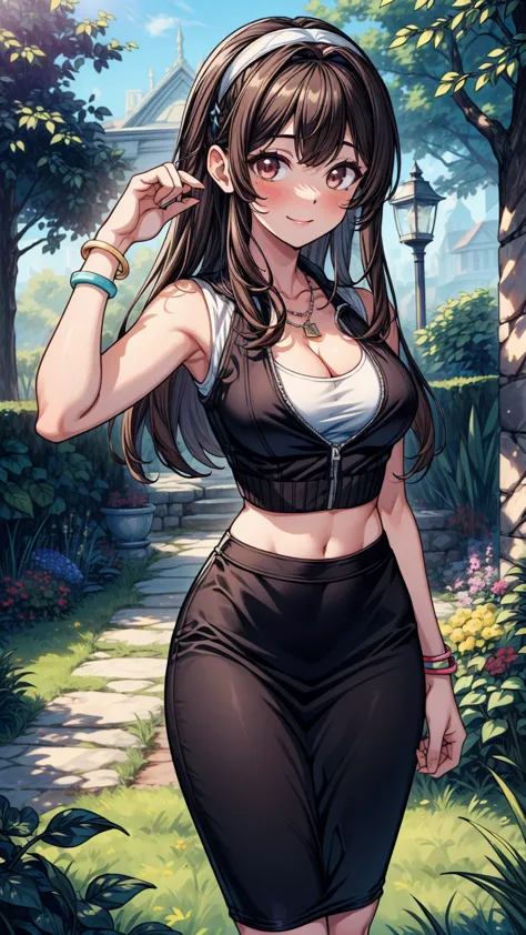 ((masterpiece, best quality:1.3, high detail)), beautiful woman posing, smile, long straight hair, (dark brown hair), hairpin, light blush, (vest), (long pencil (skirt)), cleavage, midriff, navel, black hairband, necklace, bracelets, collarbone, sneakers, ...