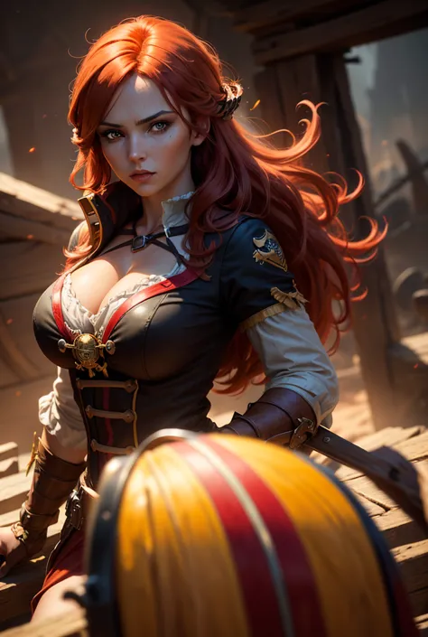 a beautiful woman with large breasts,  red hair,  Yellow Eyes, wearing a red pirate costume, far away, detailed face and eyes, intricate pirate costume, cinematic lighting, dramatic pose, photoRealistic, 8k, masterpiece, High quality,  ultra-detailed, Real...