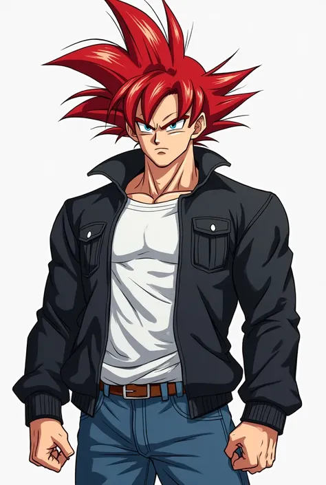 Goku with black jacket and white shirt and red hair and blue eyes and dbs cartoon style jeans, masterpiece 