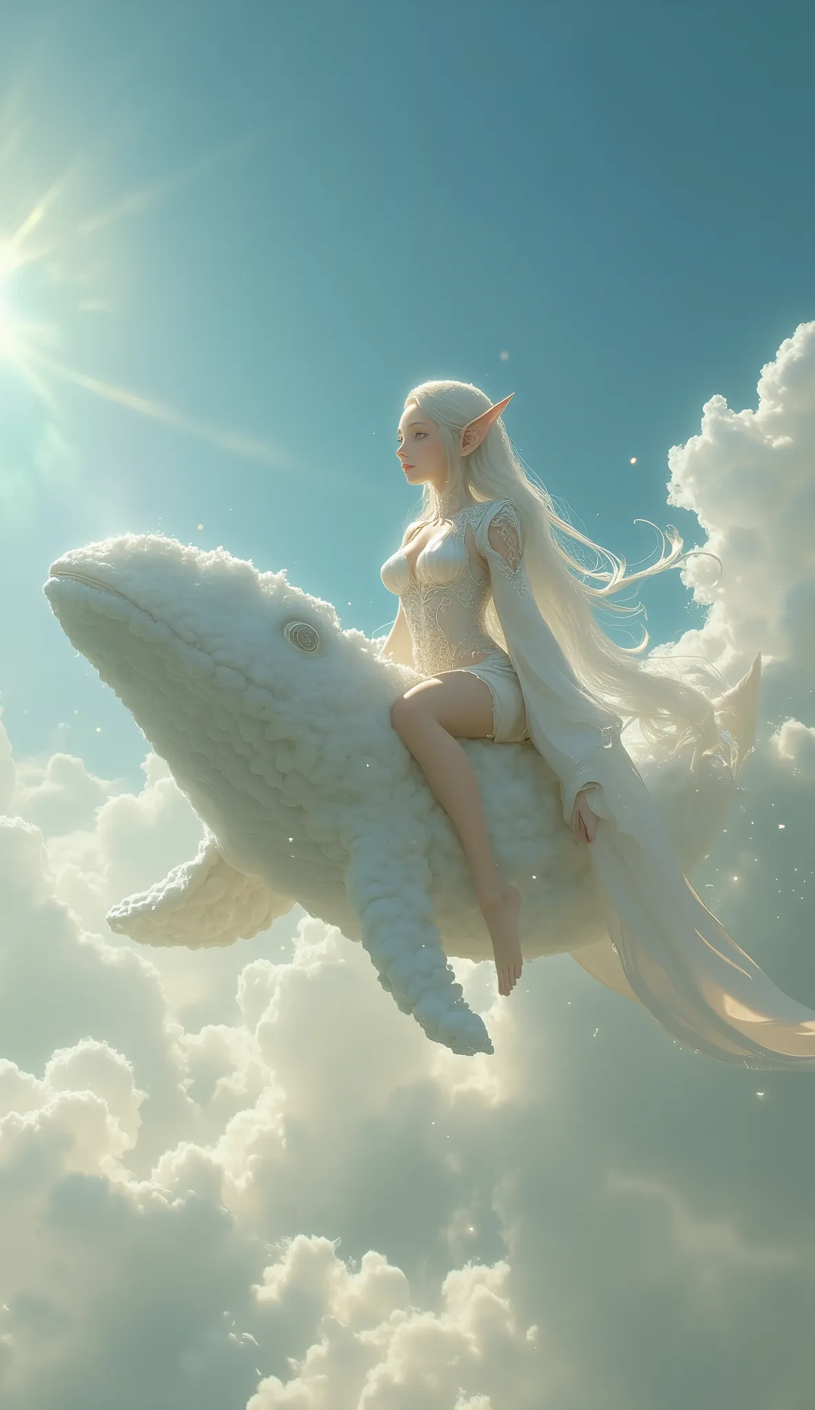 There is a cloud in the shape of a whale in the sky、 Sunny、 twinkle、Elf woman riding on the back of a whale cloud