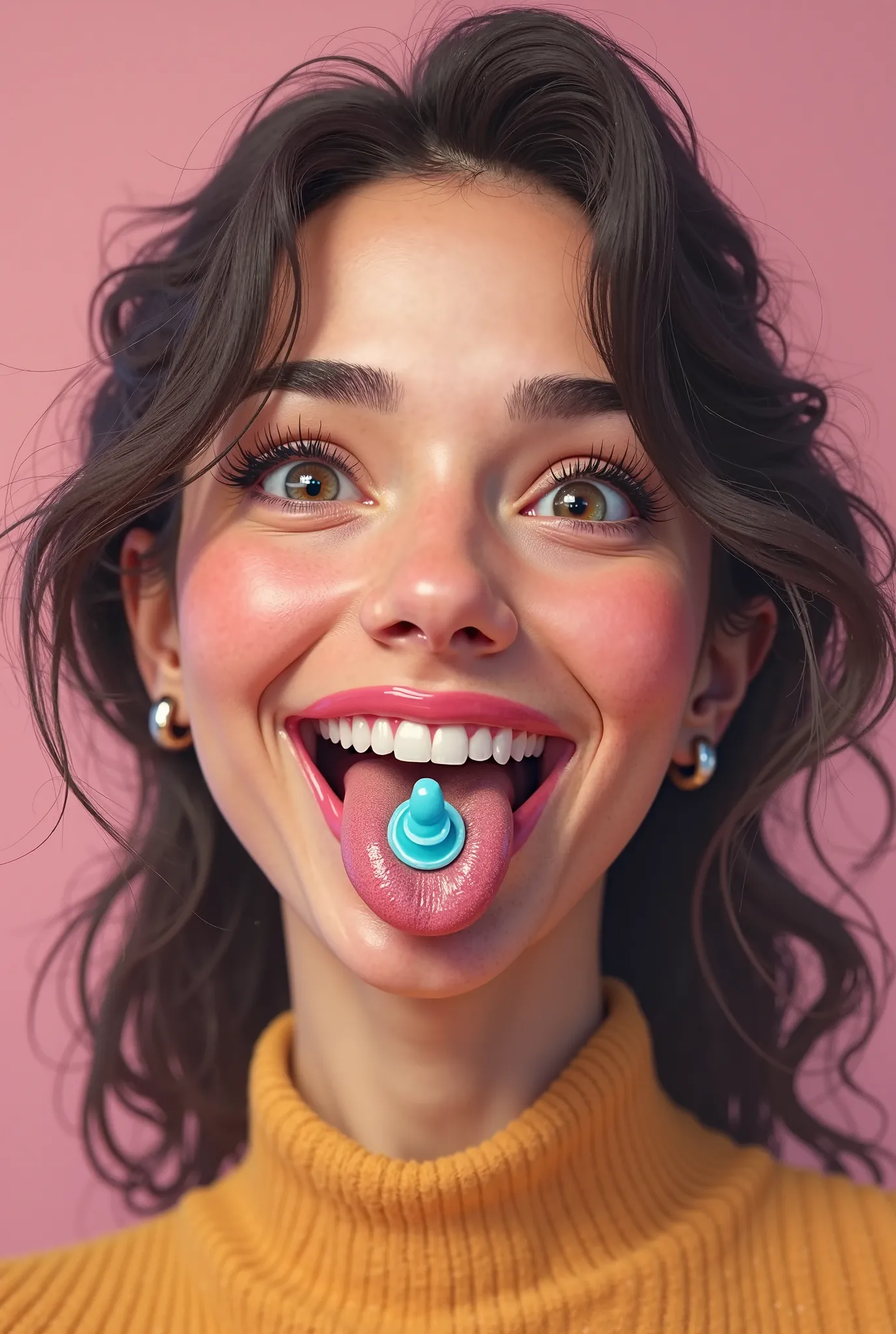 Generate a woman smiling with her tongue sticking out and a condom glued to her tongue 