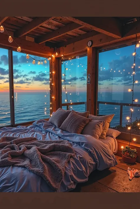 Create a cozy bedroom scene with a large bed covered in soft, textured blankets and pillows. The room should have large windows offering a stunning view of the ocean at sunset, with the sky displaying vibrant hues of blue, orange, and yellow. String lights...