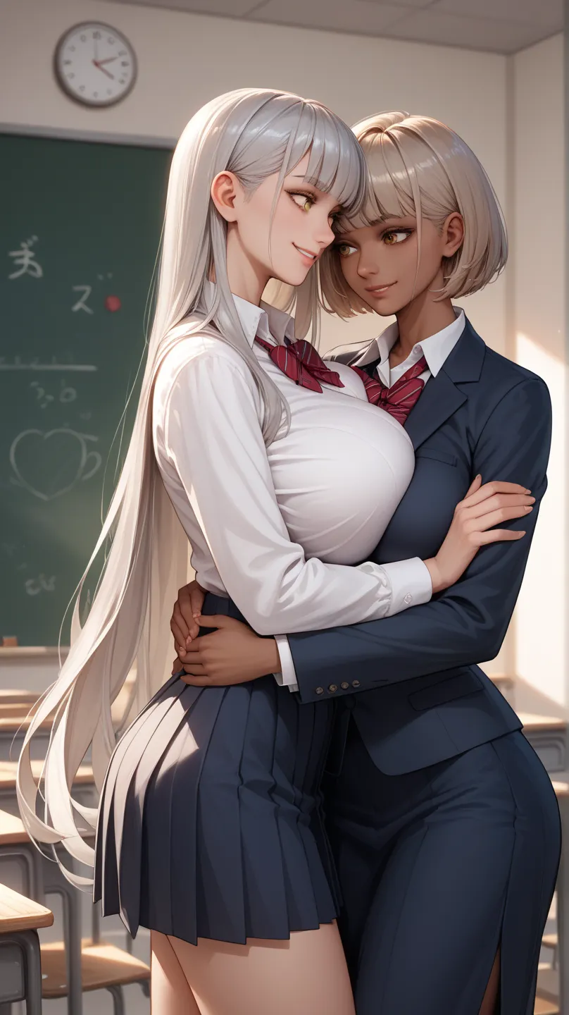 high definition, TOP QUALITY,Two Women,女子student,  Female Teacher. ,  very long hair,Decent height, amber eyes, silver hair, dark skin, student,  school uniform. beauty, beige short bob hair, brown eyes,very big breasts, Tall height,  Smile,  Female Teache...