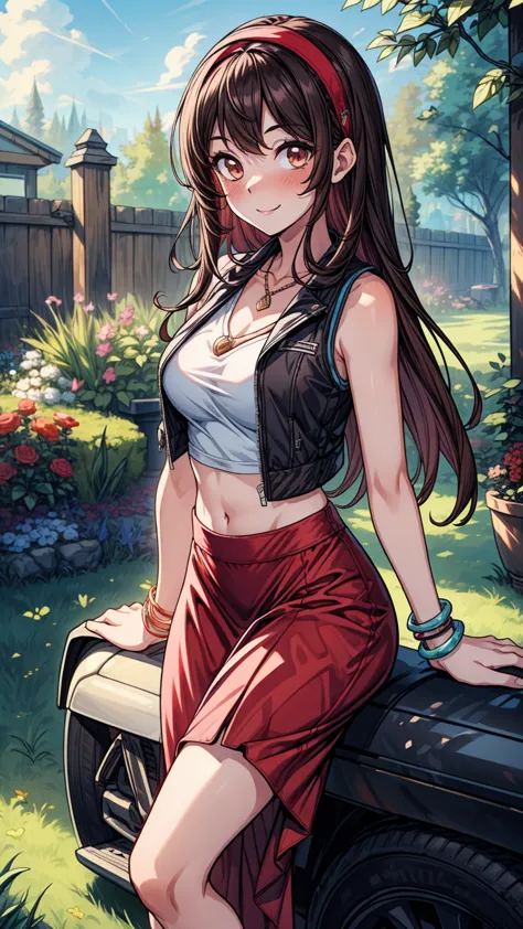 ((masterpiece, best quality:1.3, high detail)), beautiful woman posing, smile, long straight hair, (dark brown hair), hairpin, light blush, (vest), (long red (skirt)), midriff, navel, black hairband, necklace, bracelets, collarbone, sneakers, outdoors, gar...