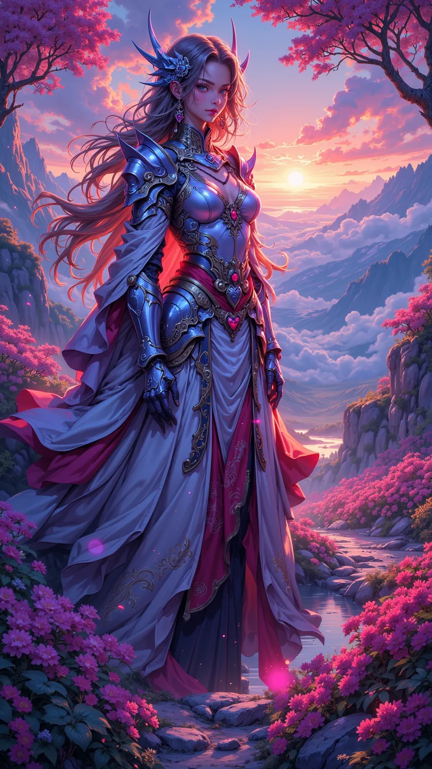 A stunning piece of digital art，depicting a woman in a beautiful evening armor landscape，Delicate and sharp，full of bright and colorful elements。inspired by the style of cknc bo-neon。