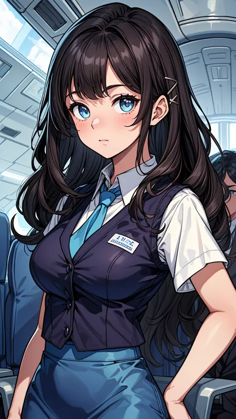 ((masterpiece, best quality:1.3, high detail)), ((1girl)), (((beautiful woman))), (flight attendant), bright eyes, (long wavy hair), (dark hair), hairpin, (white collar shirt vest, blue tie), (blue pencil (skirt)), medium skirt, slim body, (lower body), fa...