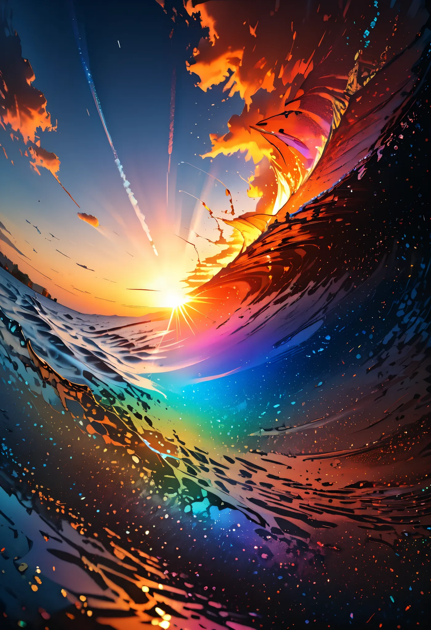 (a single contrail illuminated by the sunset, huge sunset, red, orange), (a clear sky with no clouds), ((highly detailed)), ((sharp focus)), ((vivid colors)), ((soft lighting)), ((cinematic composition)), (various iridescent glitter effects), ((extremely d...