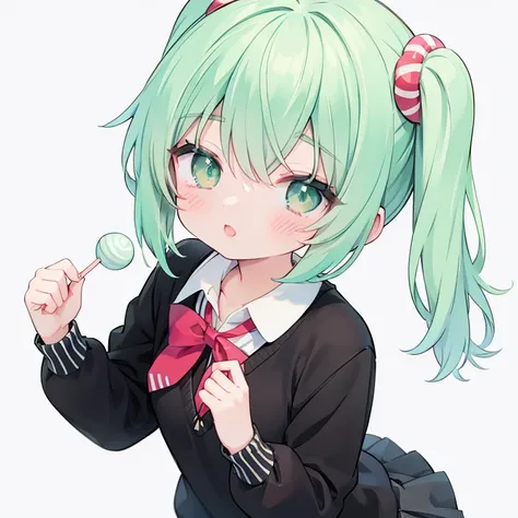  Anime style , green-haired,  High school uniform Stripes ,  black uniform , simple background, bright sweater，This is a cute Lolly