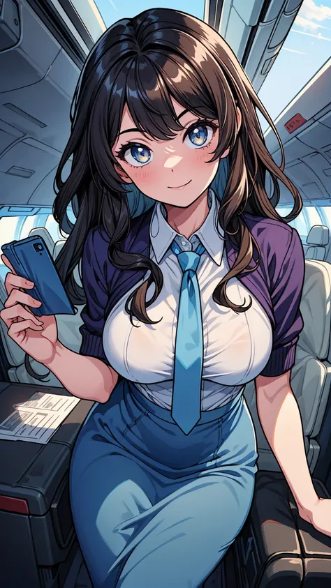 ((masterpiece, best quality:1.3, high detail)), ((1girl)), (((beautiful woman))), (flight attendant), bright eyes, light smile, (long wavy hair), (dark hair), hairpin, (white collar shirt, blue tie), (blue pencil (skirt)), long skirt:1.3, slim body, facing...