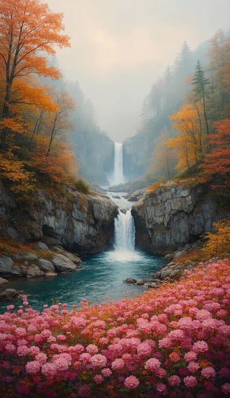   in high-definition images、oil,(非常にexhaustiveなCGユニティ8K壁紙),Epic River Images ,  Autumn Leaves in the Forest , Small waterfall, Thick Fog ,Award-winning photo,  Color Difference,  exhaustive , high definition, Pink Flowers Bloom, Monet&#39;s Style, Detailed...